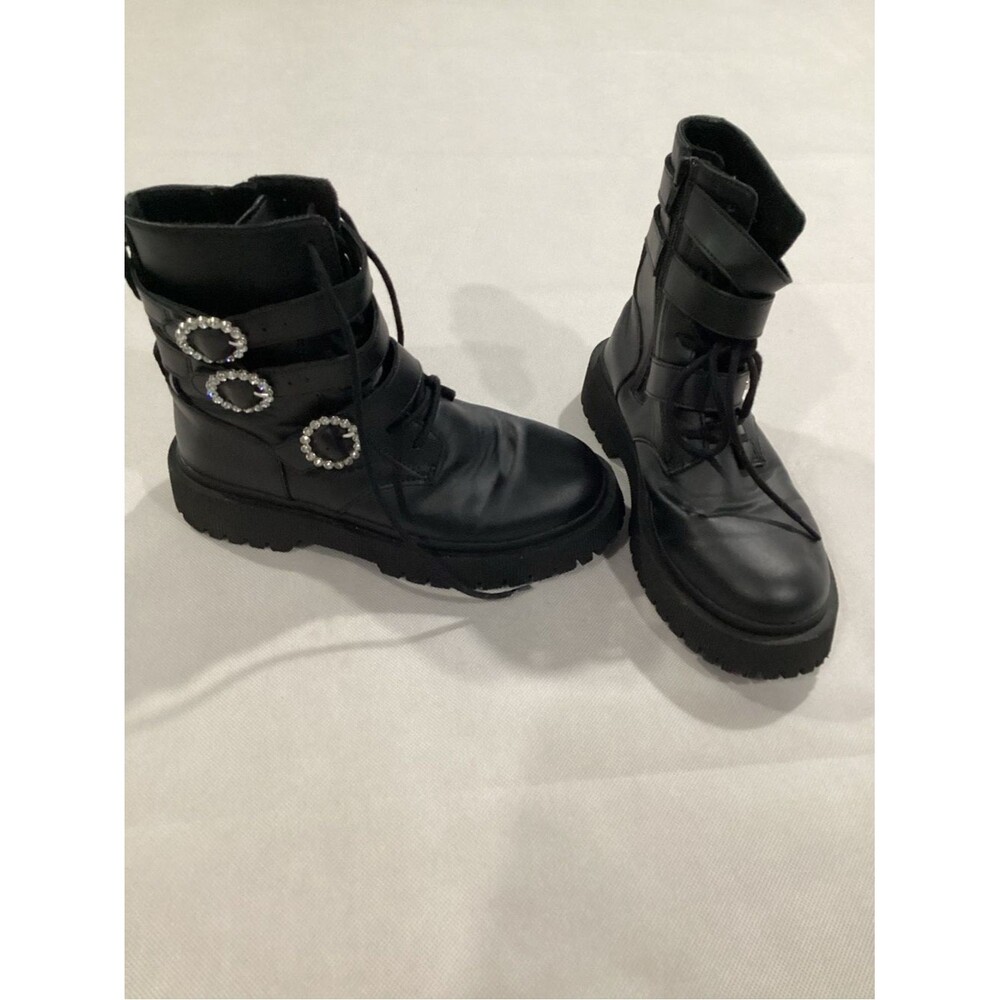 Zara Black Kids' Combat Boots with Crystal Buckle Accents  size 3.5